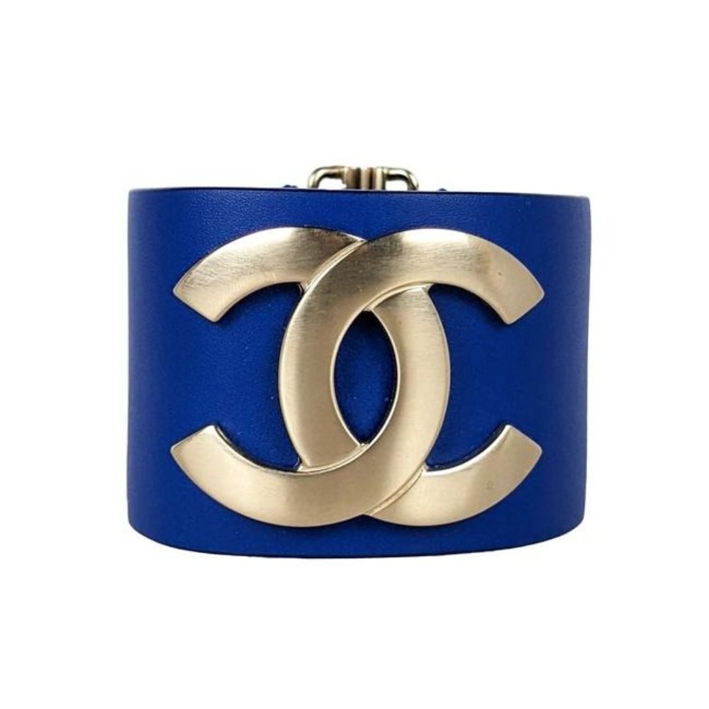 SOLD Chanel Blue Leather CC Cuff Bracelet - Picture 1 of 5